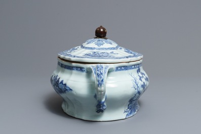 A Chinese blue and white tureen and cover with landscape design, Qianlong