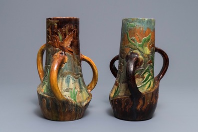 Deux vases Art Nouveau en poterie flamande &agrave; d&eacute;cor de canards, Leo Maes Vereenoghe, Torhout, 1891-1909