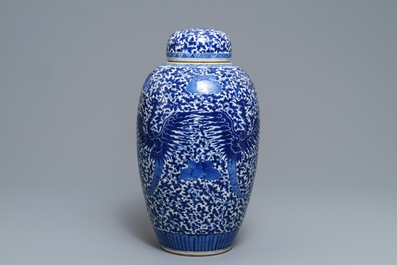 A Chinese blue and white 'phoenix' jar and cover, 19th C.