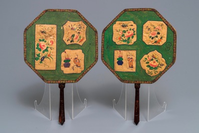 A pair of Chinese octagonal lacquer-handled fans, Canton, 19th C