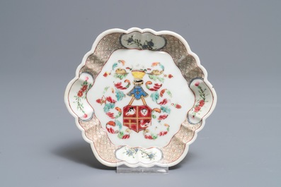 A Chinese famille rose armorial teapot, tea caddy and pattipan, Qianlong