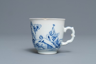 A Chinese blue and white mythological cup and saucer with matching plate depicting Neptune, Qianlong