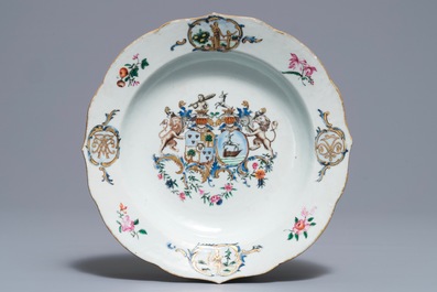 A Chinese famille rose Dutch market armorial plate and sauce boat with the arms of Van Tets, Qianlong