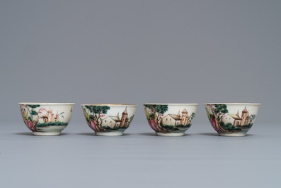 Four Chinese famille rose 'Sailor's farewell' cups and saucers, Qianlong