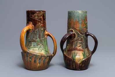 Deux vases Art Nouveau en poterie flamande &agrave; d&eacute;cor de canards, Leo Maes Vereenoghe, Torhout, 1891-1909