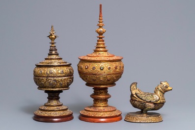 Two Burmese lacquer alms bowls and a Hintha betel box, 19/20th C.