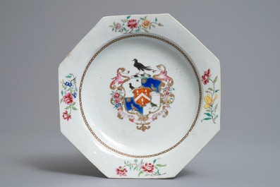 A pair of Chinese octagonal grisaille Birckbeck armorial plates and a famille rose 'Laroche' plate, Qianlong