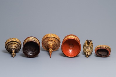 Two Burmese lacquer alms bowls and a Hintha betel box, 19/20th C.