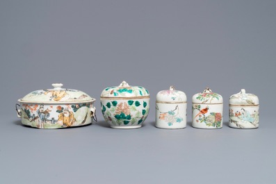 A Chinese qianjiang cai tureen, three cup warmers and a famille rose bowl and cover, 19/20th C.