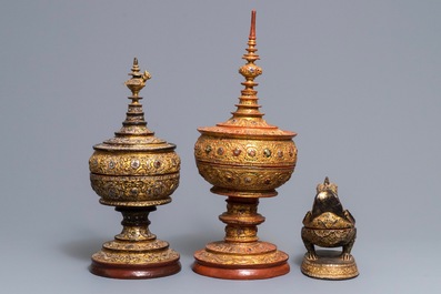 Two Burmese lacquer alms bowls and a Hintha betel box, 19/20th C.