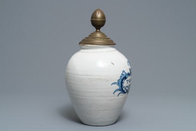 A large Delft-style blue and white tobacco jar 'Tabac St. Vincent', Lille, France, 18th C.