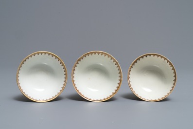 Three Chinese famille rose Dutch market cups and saucers and a porridge plate, arms of Velingius-Visch, Qianlong