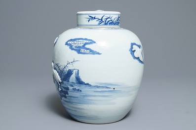 A Chinese blue and white jar and cover with applied design of ducks, Kangxi mark, 19th C.