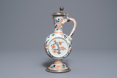 A pewter-mounted Dutch Delft cashmere palette relief-decorated jug, 1st half 18th C.