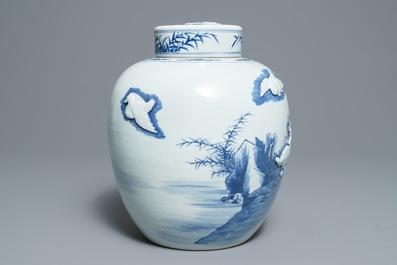 A Chinese blue and white jar and cover with applied design of ducks, Kangxi mark, 19th C.