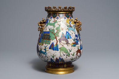 A Chinese gilt-bronze mounted cloisonn&eacute; hu vase with deer in a landscape, 18/19th C.