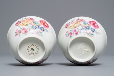 A pair of Chinese famille rose cups and saucers with fine floral design, Qianlong