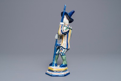 A polychrome Dutch Delft figure of a gondolier from the Commedia dell'arte, 18th C.