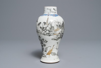 A Chinese grisaille vase, a famille rose 'mandarin' teapot and a reticulated cup on saucer, Yongzheng/Qianlong