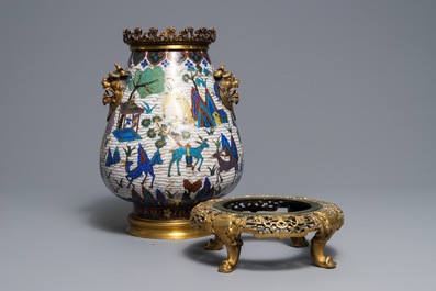 A Chinese gilt-bronze mounted cloisonn&eacute; hu vase with deer in a landscape, 18/19th C.