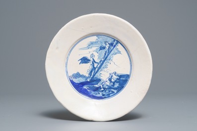 Three polychrome Dutch maiolica plates and an early blue and white Delft biblical plate, 17th C.