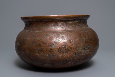 A large Islamic silvered and tinned copper basin, prob. Iran or Syria, 19th C.
