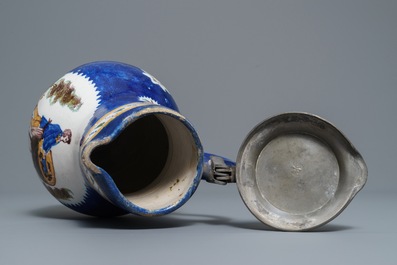 Two Brussels faience pewter-mounted blue-ground jugs, 19th C.