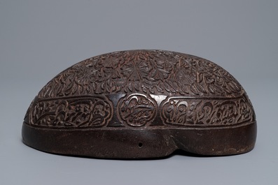 An islamic carved coco-de-mer 'kashkul' beggar's bowl, Qajar, Iran, 19th C.