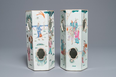 Two Chinese famille rose reticulated hat stands, 19th C.