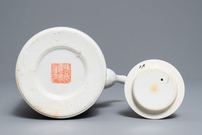 Een Chinese qianjiang cai theepot en een dekseldoosje, gesign. Ma Qingyun, 19/20e eeuw