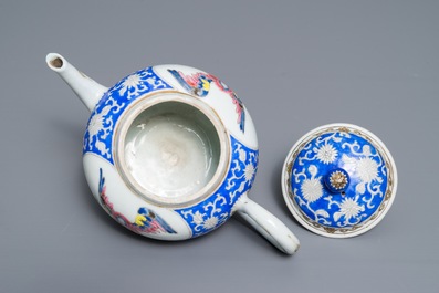A rare Chinese famille rose 'perching parrot' teapot and cover, Yongzheng/Qianlong