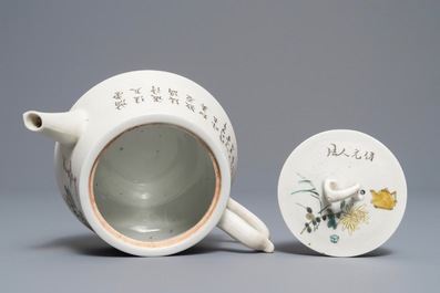 A Chinese qianjiang cai biscuit teapot and cover, dated 1894