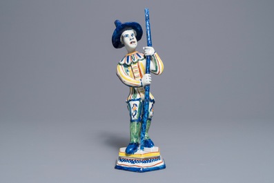 A polychrome Dutch Delft figure of a gondolier from the Commedia dell'arte, 18th C.