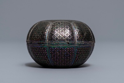 A Chinese lac burgaute pumpkin-shaped box and cover, 18th C.