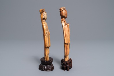 Two Chinese carved ivory figures of court ladies, Ming