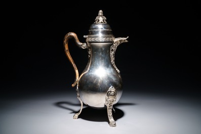 A Belgian Louis XVI silver tripod coffee jug with wooden handle, probably Ghent, 1792