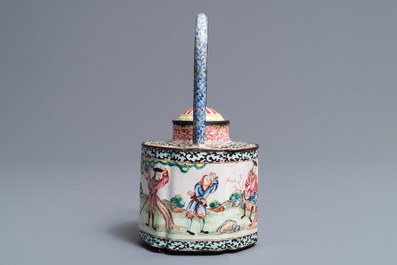 A Chinese Canton enamel &lsquo;European subject&rsquo; teapot and cover, Qianlong