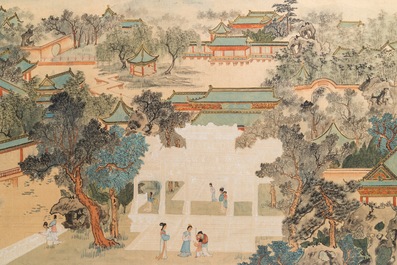 Chinese school: 'Da Guan Yuan' garden, ink and colour on paper, 20th C.