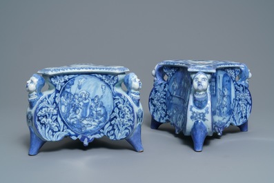 A pair of Dutch Delft blue and white candlestick bases, 17th C.