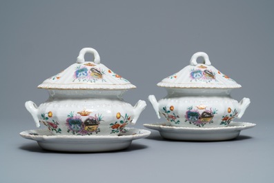 A pair of Chinese famille rose Dutch market armorial tureens on stands, arms of Nauta Beuckens and Swalue accoll&eacute;, Qianlong