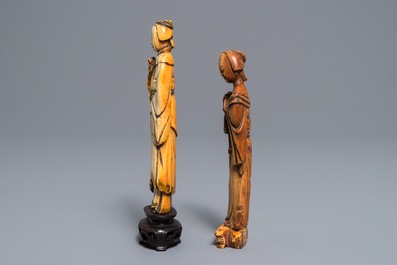 Two Chinese carved ivory figures of court ladies, Ming