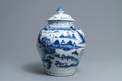 Een grote Chinese blauwwitte dekselvaas met landschappen, Wanli
