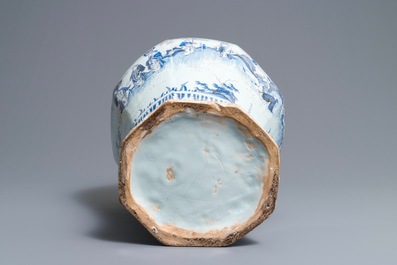 A large blue, white and manganese octagonal chinoiserie vase and cover, Nevers, 18th C.
