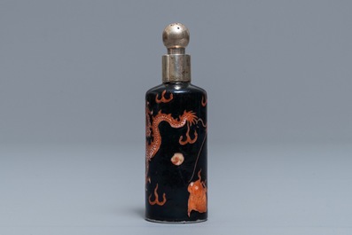 A Chinese silver-mounted famille noire 'dragon' snuff bottle, Qianlong/Jiaqing