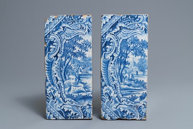 A pair of blue and white mythological subject corner tiles for a stove, Hamburg, Germany, 18th C.