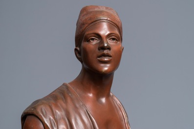 Jean-Didier Debut (1824-1893): Porteur d&rsquo;eau arabe, een koud beschilderd bronzen beeld
