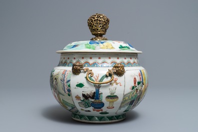 A Chinese gilt bronze-mounted famille verte bowl and cover, Kangxi