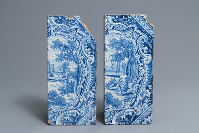 A pair of blue and white mythological subject corner tiles for a stove, Hamburg, Germany, 18th C.