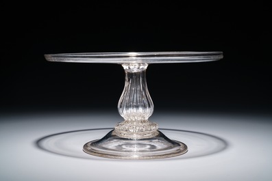 Two glass tazza's on low foot and one taller model, England, 17/19th C.