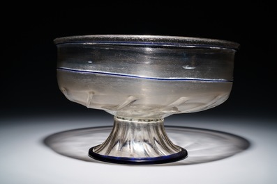 A large Venetian footed glass bowl with applied blue bands, Italy, 15/16th C.